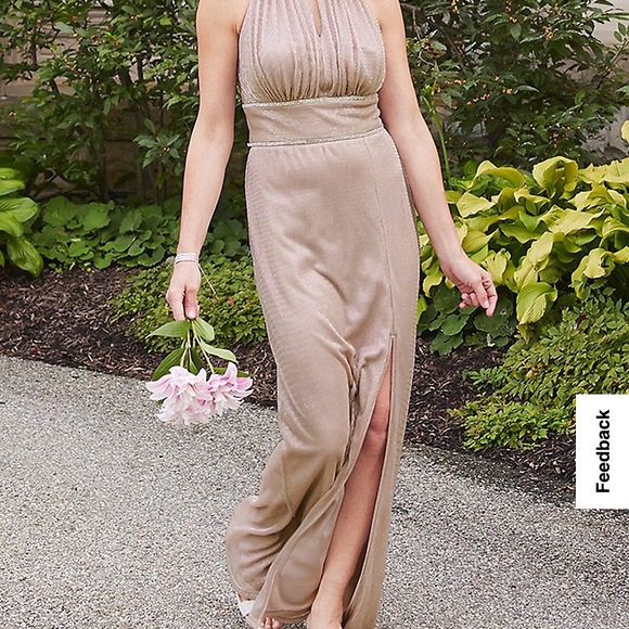 HIGH-NECK SHIMMER A-LINE GOWN WITH KEYHOLES, color - Blush - Picture 2 of 5